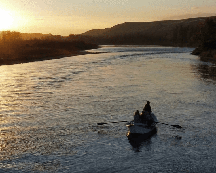 The Bow River winding through the Alberta foothills at dusk